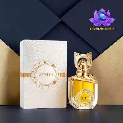 Frasco de perfume e embalagem branca com texto ZENITH sobre fundo azul e dourado
