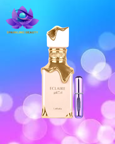 Frasco de perfume ECLAIRE Lattafa creme e dourado com pulverizador roxo ao lado