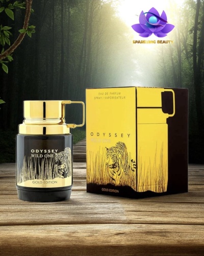 Frasco e embalagem de perfume ODYSSEY WILD ONE GOLD EDITION com desenho de tigre
