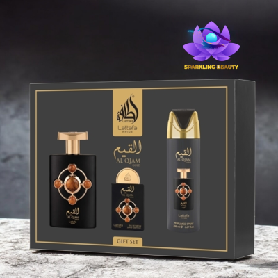 Conjunto presente Lattafa Pride Al Qiam Gold com perfume e spray em embalagem preta e dourada