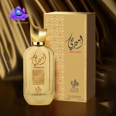 Frasco e caixa dourados do perfume AMERATTI com texto em árabe e português