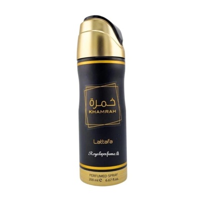 Spray perfumado Lattafa Khamrah 200 ml preto e dourado