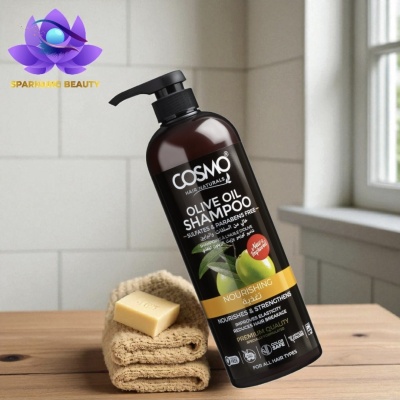 Frasco de champô COSMO Olive Oil Shampoo com tampa de bomba ao lado de toalha e sabão em mesa de madeira