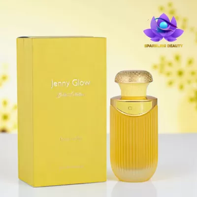 Perfume Jenny Glow com embalagem amarela e frasco de vidro amarelo com tampa dourada