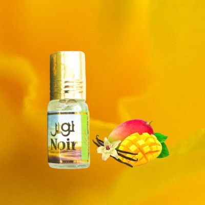 Frasco pequeno de perfume 'Noir' com tampa dourada e ilustração de manga e baunilha