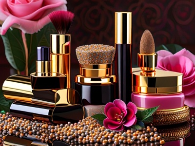 Produtos de beleza em embalagens pretas, douradas e rosa, com flores ao redor