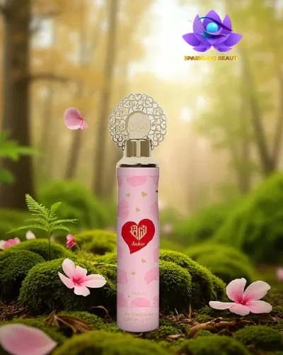 Garrafa rosa decorativa com tampa prateada e coração vermelho, sobre musgo e flores numa floresta