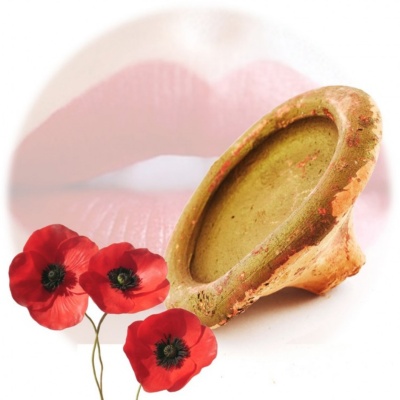 Prato de cerâmica verde e castanho com flores vermelhas e lábios desfocados ao fundo