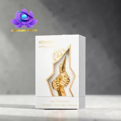Caixa branca de perfume Revolt Uprising com design dourado e texto dourado