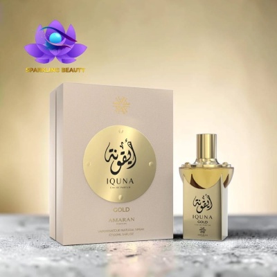 Perfume IQUNA Gold com embalagem dourada e bege