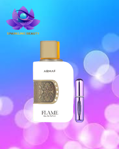 Frasco perfume Armaf Flame e pequeno frasco roxo em fundo azul roxo brilhante