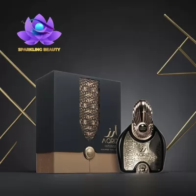 Frasco de perfume e caixa preta e castanha com detalhes dourados