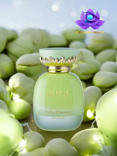 Frasco de perfume verde claro com tampa dourada entre pistachios verdes iluminados