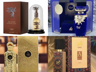 Quatro perfumes de luxo com diferentes embalagens e design, incluindo textos em árabe e inglês