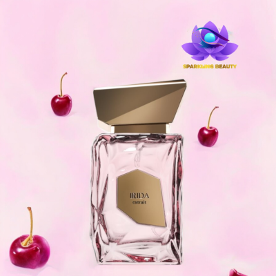 Frasco de perfume Irida Extrait com tampa dourada e cerejas