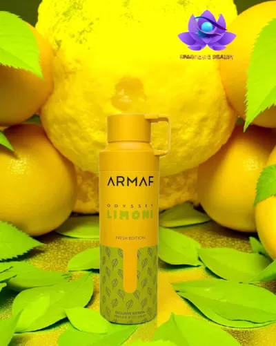 Spray perfumado Armaf Odyssey Limoni Fresh Edition amarelo e verde com limões grandes e folhas verdes