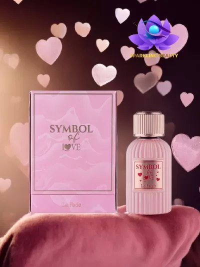 Perfume e caixa cor-de-rosa com texto 'SYMBOL of LOVE La Fede' e corações vermelhos