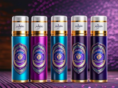 Cinco desodorizantes em spray coloridos com tampa branca e design holográfico