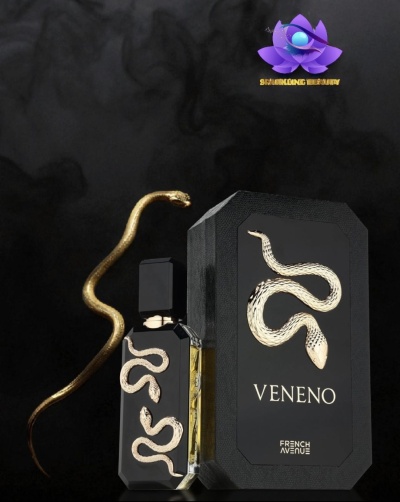 Frasco e embalagem pretos com estampa de cobra dourada e texto VENENO FRENCH AVENUE