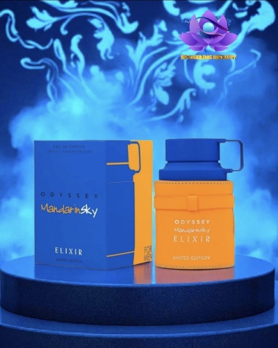 Frasco e embalagem de perfume azul e amarelo ODYSSEY Mandarin sky ELIXIR