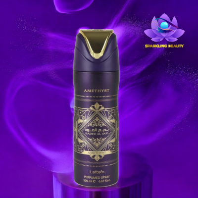 Frasco spray perfumado Lattafa AMETHYST roxo escuro com detalhes dourados