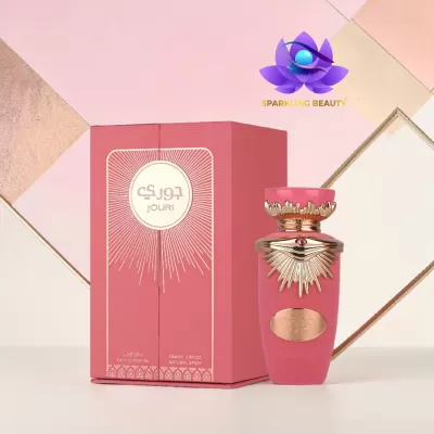 Perfume Lattafa Jouri rosa com detalhes dourados e caixa rosa