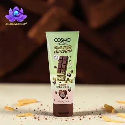 Esfoliante corporal COSMO delicious pistachio chocolate num tubo verde claro com tampa castanha