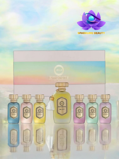 Conjunto de perfumes Emotions com garrafas coloridas e caixa branca com faixa colorida