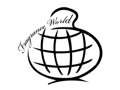 Logótipo preto e branco com globo estilizado e texto 'Fragrance World'
