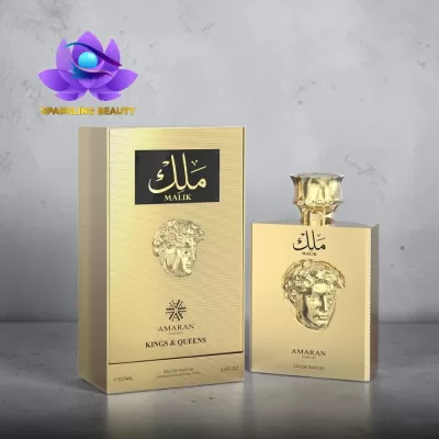 Perfume MALIK dourado com embalagem e relevo de rosto clássico