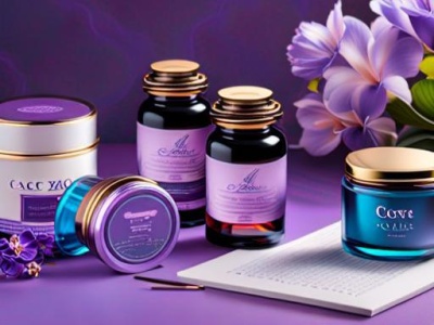 Produtos cosméticos em frascos e potes coloridos junto a flores lilases e livro aberto