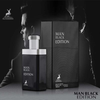 Perfume Man Black Edition da Alhambra em frasco e embalagem pretos