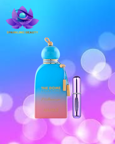 Duas embalagens de perfume coloridas em fundo desfocado colorido com logotipo SPARKLING BEAUTY