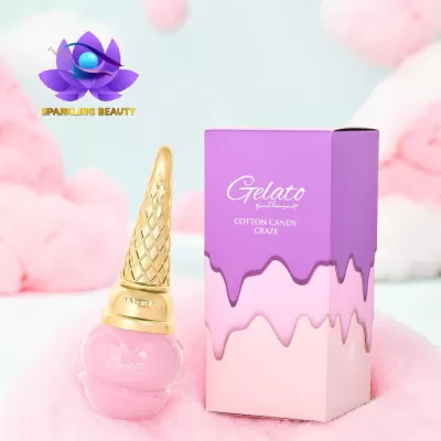 Frasco de gelado rosa com tampa dourada e caixa roxa e rosa