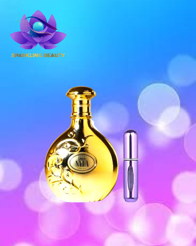 Frascos de produtos de beleza dourado e roxo num fundo colorido