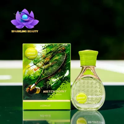 Perfume Armaf Match Point com embalagem verde e imagem de raquete de ténis