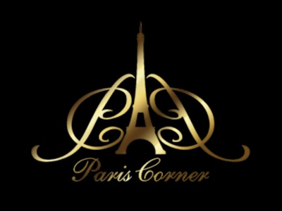 Logotipo dourado da Torre Eiffel com texto Paris Corner em fundo preto