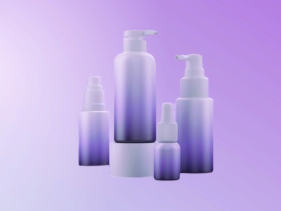 Conjunto de frascos com tampa de bomba e spray em degradê branco e roxo