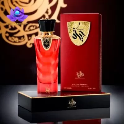 Perfume Hayar em frasco vermelho com embalagem vermelha e preta
