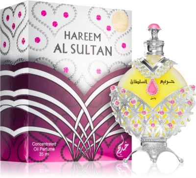 Frasco decorativo de perfume concentrado ao lado da caixa com texto Hareem Al Sultan