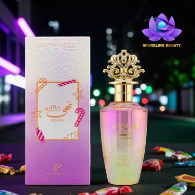 Frasco e embalagem de perfume NUHA BON BON com decoração de doces e tampa dourada ornamentada