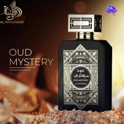 Frasco preto de perfume Oud Mystery com rótulo prateado e tampo quadrado