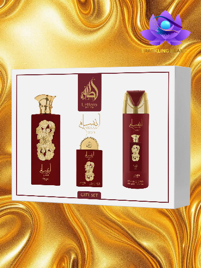 Conjunto de três perfumes vermelhos com detalhes dourados em caixa branca com texto Lettner e Gift Set