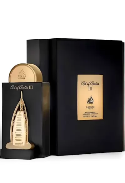 Frasco de perfume com caixa preto e dourado com texto Oud of Arabia III