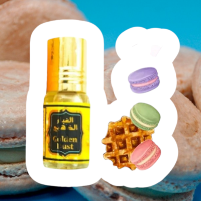 Frasco de óleo 'Golden Dust' com macarons roxo, verde, rosa e uma mini waffle sobre fundo azul com macarons desfocados
