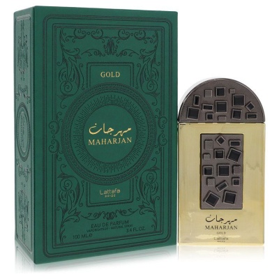 Perfume Maharjan Gold Lattafa com caixa verde e frasco dourado decorado