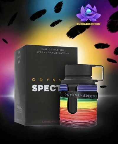 Frasco de perfume Odyssey Spectra com embalagem preta e design colorido em fundo multicolorido