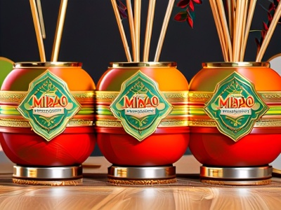 Três difusores de ambiente vermelhos com rótulos MIAO em verde e dourado, com varetas de madeira, sobre superfície de madeira.