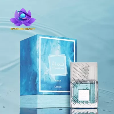Perfume KHAMRAH WAHA Lattafa com embalagem azul e vidro prateado