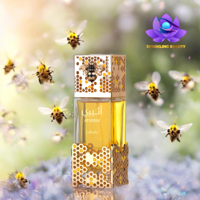 Frasco de perfume dourado decorado com abelha e padrão favo de mel